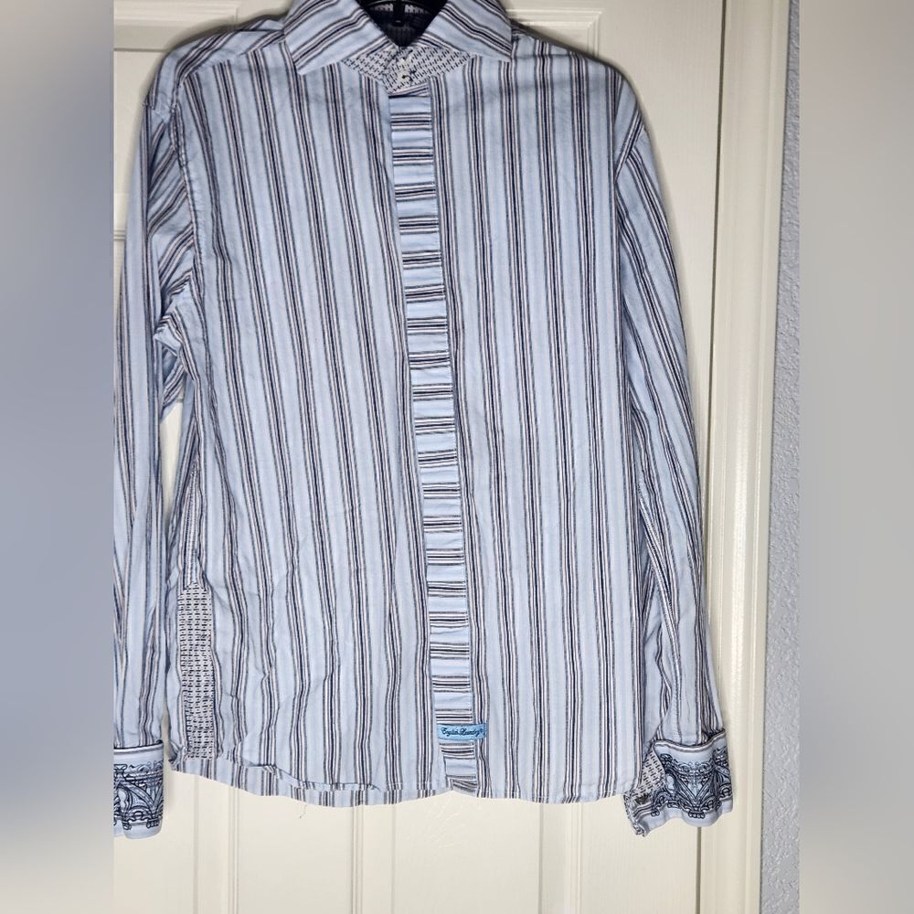 ENGLISH LAUNDRY S French Cuff   Blue White Burgundy Striped Men's Dress Shirt